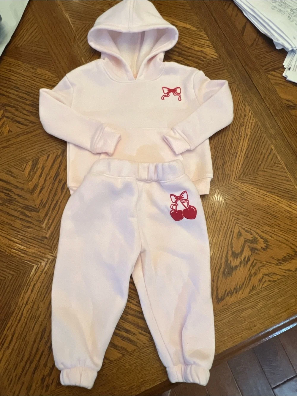 Pink Girls' Hoodie & Jogger Matching Set with Red Cherry Accent